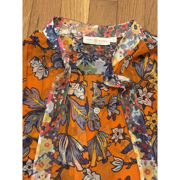 Tory Burch Kia Tie Neck Silk Blouse Orange Long Sleeve Multi Floral Size 6 - Picture 6 of 14